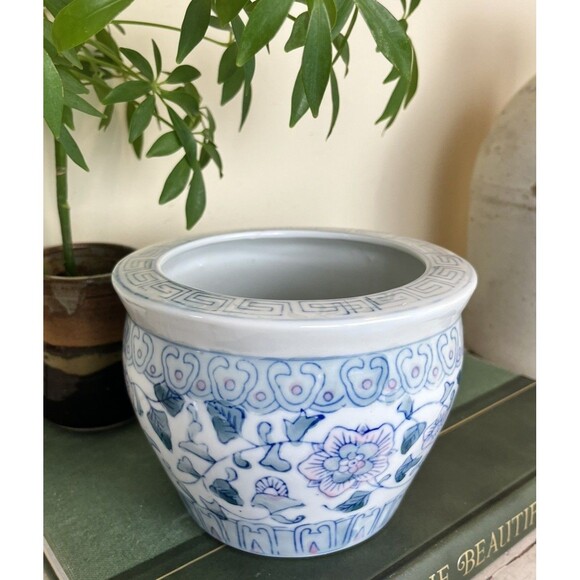 Vintage Chinese Blue & Pink Polychrome Ceramic Flower Pot Planter Jardinare 6" - Picture 1 of 6